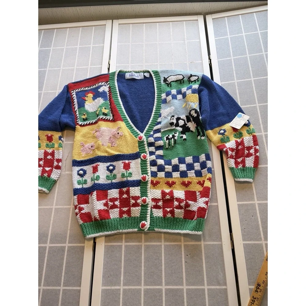 NWT Vintage Tacky Novelty Teacher Farm Pig Cow Cardigan BellePointe Granny SzM